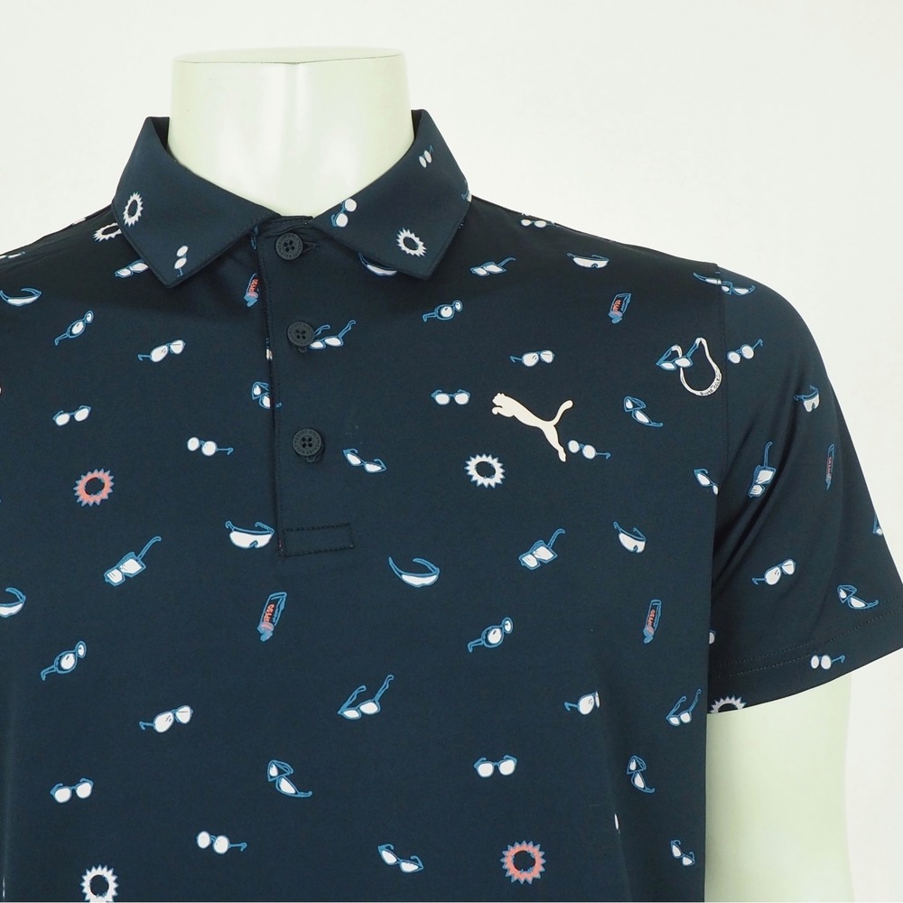 Puma Golf Mattr Sunnies Polo Shirt Mens Small Navy Blue AOP Sunglasses Summer - Picture 2 of 4